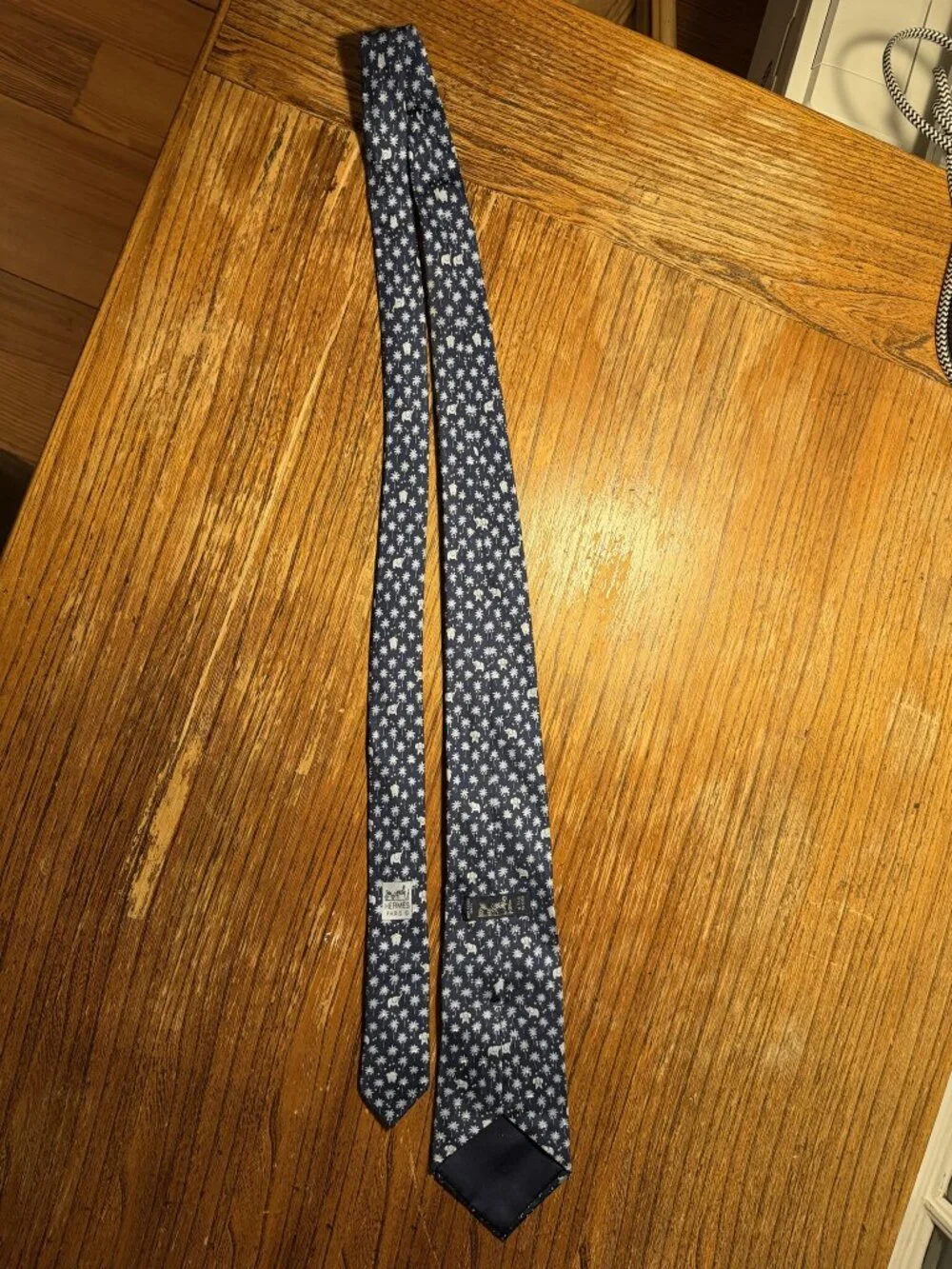 Hermes Paris Navy White Elephant and Palm Print Silk Tie